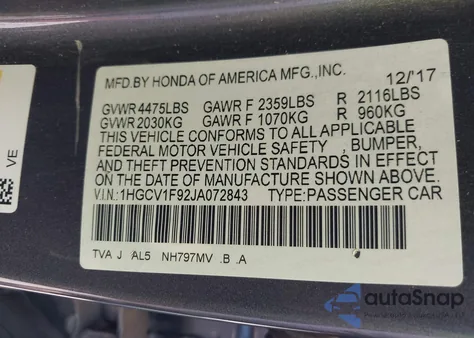 2018 Honda Accord Touring from USA, damaged, VIN 1HGCV1F92JA072843